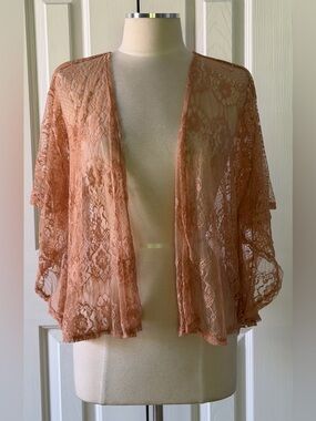 Mimi Chica Lace Kimono Cardigan Rust Orange Sheer Open Front Size Small NWT
